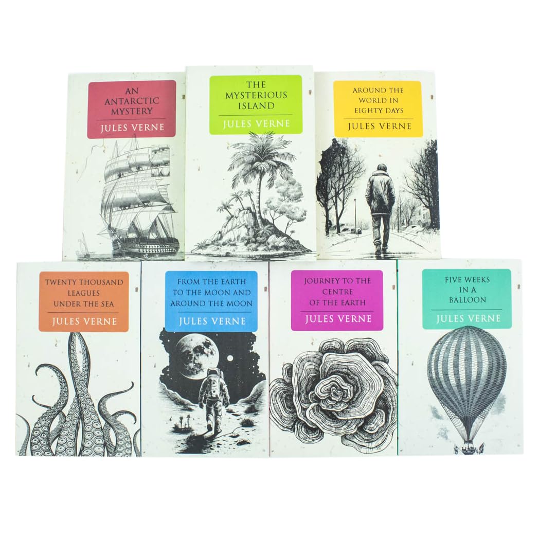 Jules Verne 7 Books Set Collection: (Journey to the Centre of the Earth, Around the World in Eighty Days, The Mysterious Island, Five Weeks in a Balloon)