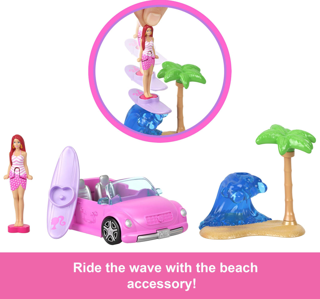 Barbie Mini BarbieLand Doll & Toy Vehicle Set, 1.5-inch Barbie Doll & Beach Convertible with Color-Change, Plus Beach Accessory, JCR35