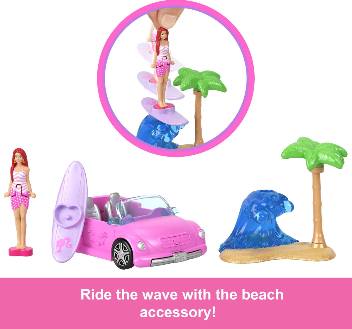 Barbie Mini BarbieLand Doll & Toy Vehicle Set, 1.5-inch Barbie Doll & Beach Convertible with Color-Change, Plus Beach Accessory, JCR35