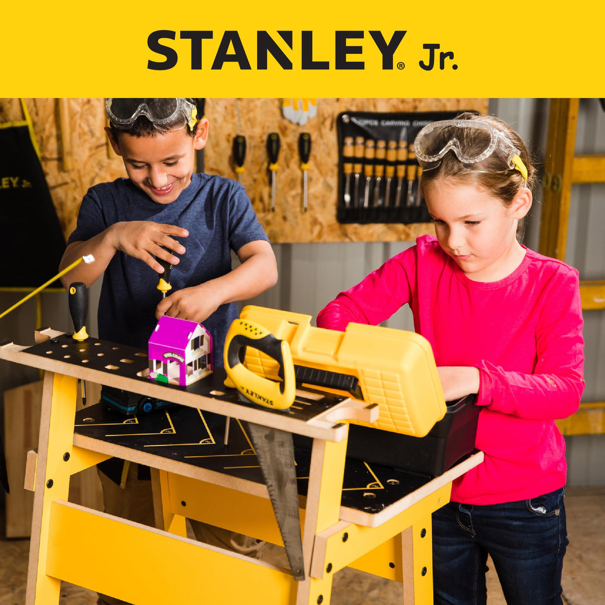 Stanley Jr. WB002-SY Children's Workbench - Let Your Child Play and Learn at the Same Time - Made of Solid and Durable Wood - from 5 Years, Yellow Black
