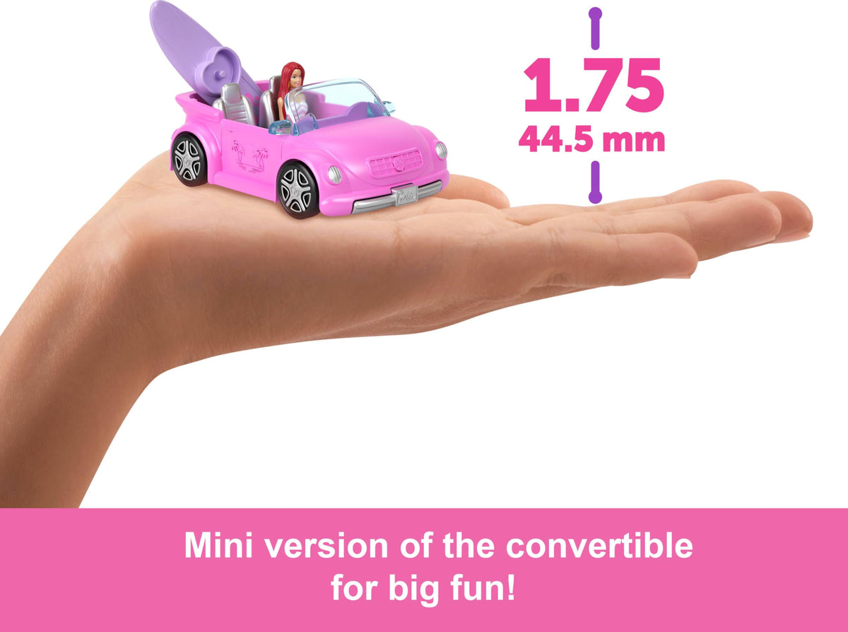 Barbie Mini BarbieLand Doll & Toy Vehicle Set, 1.5-inch Barbie Doll & Beach Convertible with Color-Change, Plus Beach Accessory, JCR35