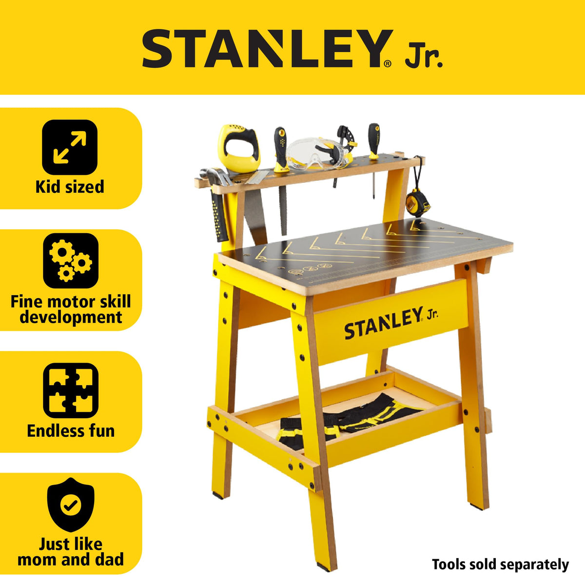 Stanley Jr. WB002-SY Children's Workbench - Let Your Child Play and Learn at the Same Time - Made of Solid and Durable Wood - from 5 Years, Yellow Black